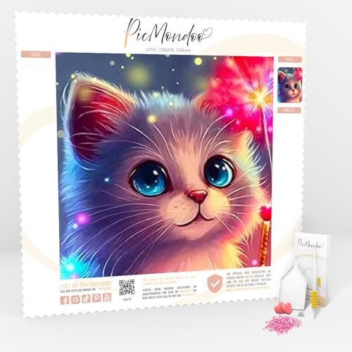 Picmondoo Diamond Painting Mini – Zauberkätzchen 15x15 cm – Komplettset für Erwachsene & Kinder – Künstlerleinwand mit Harzsteinen & irisierender Beschichtung – DIY Bastelset mit Zubehör