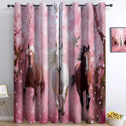 Verdunkelungsvorhänge 3D Fotografie Weißes Pferd Kirschblüten Ösen Vorhang 2Er Set 215 x 110 cm Verdunkelungsvorhang Blickdicht Fenstergardinen Kinderzimmer Schlafzimmer Wohnzimmer Thermovorha