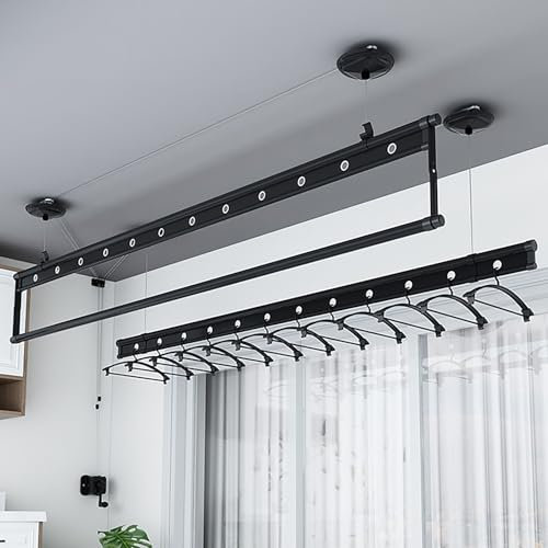 TAUIANE KleiderbüGel Zum Anheben, Handbetriebene, An Der Decke Montierte WäScheleine, WäSchestäNder, FüR Innenbalkon, DREI Stangen, KleiderbüGel Mit Handkurbel, WäSchetrocknerstange,Schwarz,2M