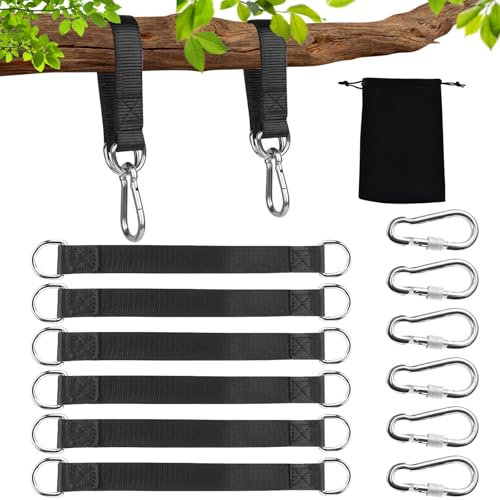 lafo Schaukel Befestigung, Hängematten Befestigung, 6 x 29 cm Hängematte Gurte mit 6 Schwerlast Karabinern und D-Ringen für Nestschaukel Outdoor/Indoor + Samtbeutel