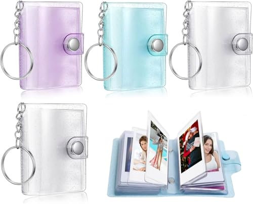 OCCOUMR Lot de 4 mini albums photo, porte-clés de 5 cm, avec 18 poches, porte-clés et porte-cartes en 4 couleurs, idéal pour les souvenirs et les cadeaux