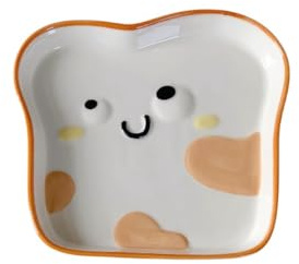 Cute Bread Ceramic Plate Set Household Rice Bowl Embossed Underglaze Breakfast Fruit Dessert Spoon Dinner Snack Bird's Nest Salad Ice Cream Soup Pasta (Square Toast Plate)
