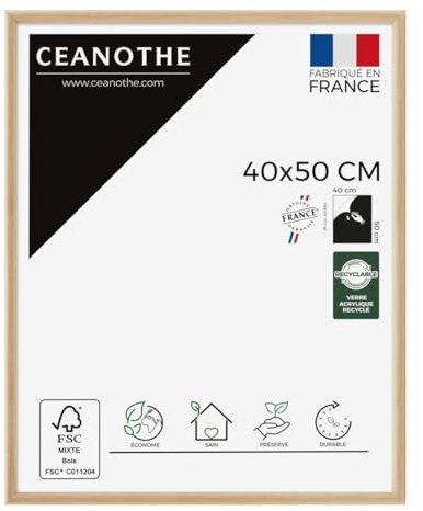 Ceanothe Cadre Photo 40x50 cm Bois Clair Naturel, Pour Exposition et Idéal pour Décoration Murale et A3, Collection Essentiel Verre acrylique Incassable Fabriqué en France