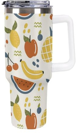 peiyeety Vaso térmico de 40 oz con asa, tapa y pajita, de acero inoxidable, reutilizable, para hombre y mujer, con asa blanca y diseño de frutas.