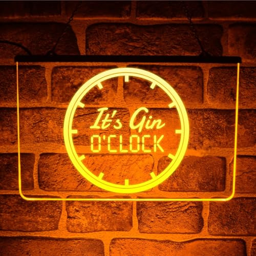 Gin O'Clock LED Neon Light Up Sign – Multicolour Hanging Wall Display for Home Bar, Pub or Bedroom Decor | USB Powered (Yellow)