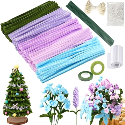 Pipe Cleaners Craft Kit 500 Pcs, Gradient Purple & Pink Pipe Cleaners, Chenille Stems Flower Kit, DIY Art Crafts with Tutorial, Pearls, Pompoms, Floral Wires