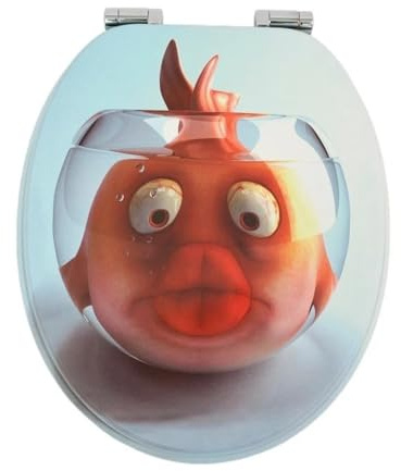 18 Universal MDF WC Toilet Seat – Easy Fit with Strong Zinc Alloy Hinges, Smooth Wipe Surface – Fits All Water Closets (Cartoon Fish Design)