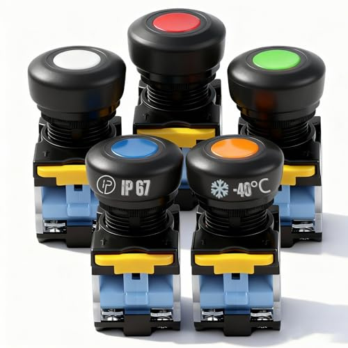 Rankomu 5 Unidades Pulsador IP67 Estanco, 22mm Botón Interruptor 10A 440V 1NO 1NC DPST, -40°C a +55°C resistente a heladas, 5 Colores (Rojo Verde Azul Naranja Blanco)