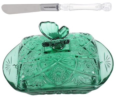 Ciieeo Vintage Green Glass Butter Dish with Lid and Knife Airtight Butter Storage Tray for Countertop Multipurpose Cake Stand and Cheese Platter for Birthday Wedding and Everyday Use