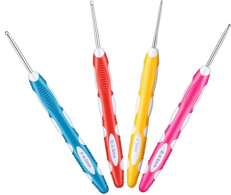 LXUEJIE 4 Stück Häkelnadel Set, Edelstahl Häkelnadeln mit Ergonomic Silicone Handles, 2.5mm, 3mm, 3.5mm, 4mm, Crochet Hook für Anfänger und Häkelliebhaber, Geeignet für Schals, Pullover, Handschuhe