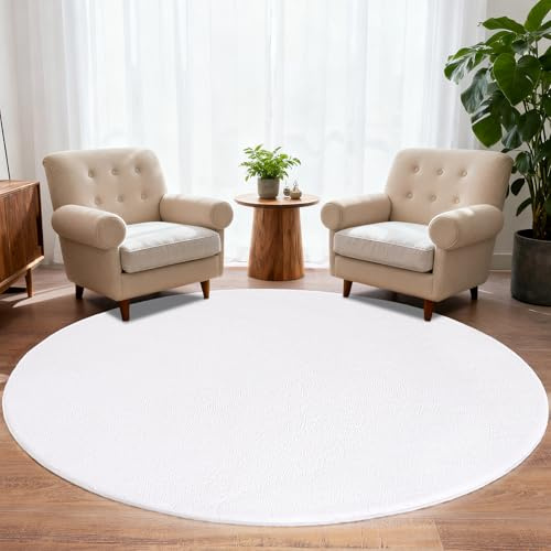 iEvery Teppich Rund 200 cm Durchmesser - Waschbarer Kuscheliger Kurzflor Teppich, Weich & Pflegeleicht Moderner Carpet rutschfest für Schlafzimmer Wohnzimmer Bettvorleger & Kinderzimmer, Weiß