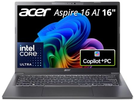 Acer Aspire 16 AI Copilot Plus Laptop A16-52MT-9520 32GB RAM 1TB SSD | Touchscreen IPS WUXGA da 16 pollici, fino a 5,1 GHz, grafica Intel Arc 140V, WiFi 7, grigio acciaio
