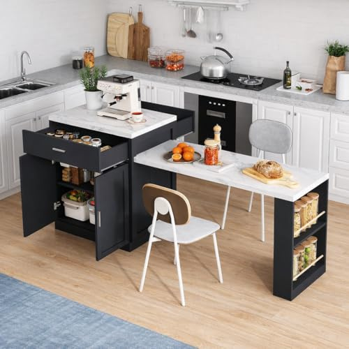 muenfly Îlot Central Cuisine sur roulettes avec Table Extensible 2-6 Personnes, Meuble Cuisine avec Plan de Travail, Rangement Double Niveau, multiprise USB intégrée, Bicolore Noir et Marbre Blanc