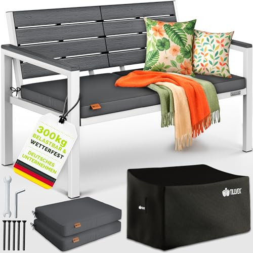 tillvex® Gartenbank Wetterfest 3-4 Sitzer mit Abdeckung & Kissen bis 300kg | Parkbank Holzoptik UV-beständig | Sitzbank inkl. Auflage für Garten Terrasse Balkon | Balkonbank mit waschbarem Polsterbezug
