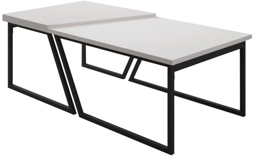 Hanah Home Modern Coffee Table Set (2 Pieces), White, 120 x 40.6 x 60 cm | 100% Melamine Coated Particle Board, 18 mm Thick | Stylish Black Metal Legs, Perfect for Contemporary Living Spaces