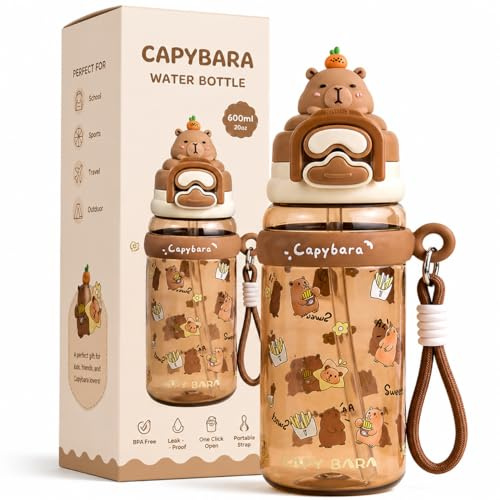 KLYNOVIX Capybara Botella de agua con tapa y llavero, 591 ml, plástico sin BPA, a prueba de fugas, bonito diseño de Capybara, para deportes al aire libre, viajes y escuela (marrón)