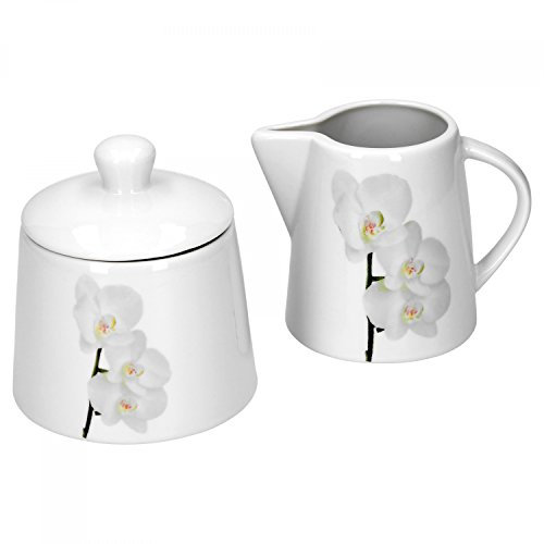Van Well Vanda weiße Orchidee 2-TLG. Set Zuckerdose mit Deckel, Ø 95 mm + Milchkännchen, 220 ml, Blumendekor edles Marken-Porzellan