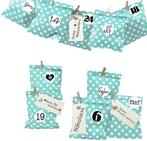 Frau WUNDERVoll® DIY Adventskalender zum Befüllen Bescherung: Set Punkt 137, Papiertueten flach 13x16,5cm, Tuerkis Punkt, Ziffern schwarz-weiß