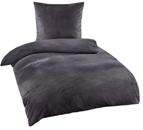 BaSaTex Winter Bettwäsche Cashmere Touch 100% Microfaser Uni und Uni Wende in 4 Größen und 8 Farben, 155x220 80x80 cm Anthrazit