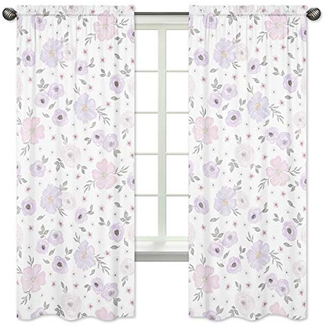 Sweet Jojo Designs Vorhänge für Aquarell-Blumenkollektion, Lavendel, Violett, Rosa, Grau und Weiß, 2 Stück