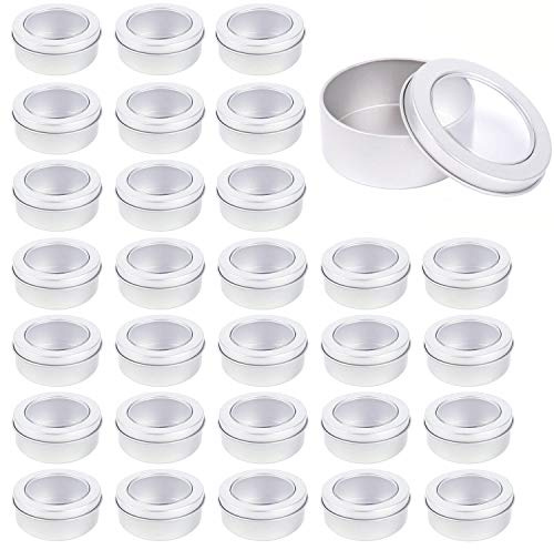 Abgream Metal Tin Cans - 2 Ounce Round Empty Containers with Clear Top for Cosmetics Crafts Food Storage Party Favors (30)