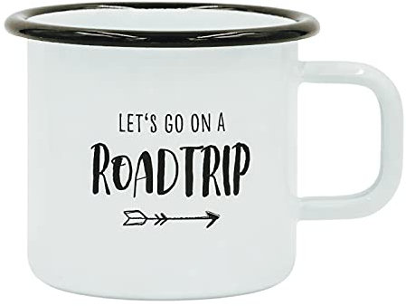 Him & I® - Emaille Tasse mit Spruch Let's go on a Roadtrip | Outdoor Emaille Becher | robust, leicht & bruchsicher | beidseitig bedruckt | für Camping, Trekking und Wandern