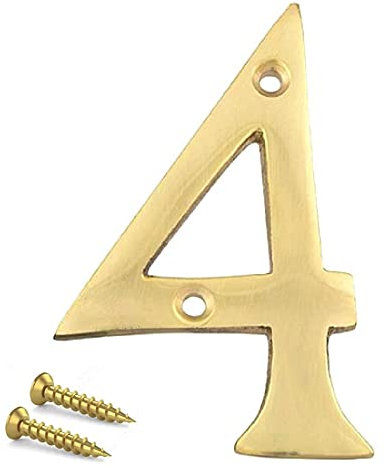 TERF® 3 Inch (75mm) Brass Polished Finish Screw Fix Front Door Number '' 4 '' Mailbox Hotel House Door Number Suitable for All Door Types Wooden, u PVC and Composite Fixing Screw [ Number - 4 ]