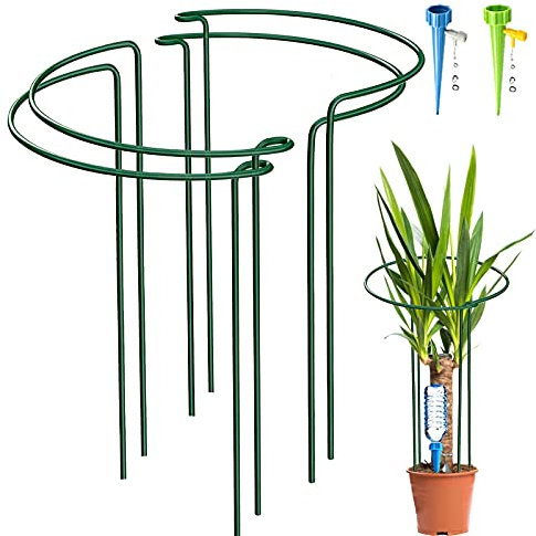 KAZITOO 4 Pack Large 50cm Tall Bow Plant Support Stakes, 4mm Strong Metal Garden Supports Half Round Flower Hoops with 2 Self Watering Spikes for Peonies, Hydrangea, Interlinking to Make Rows, Circles
