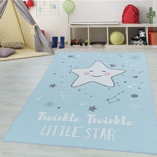 Teppium Kurzflor Kinderteppich Weich für Jungen & Mädchen Sterne Muster 140x200 cm Blau - Waschbarer Teppich Pflegeleicht und Antiallergen - für Kinderzimmer, Spielzimmer und Babyzimmer