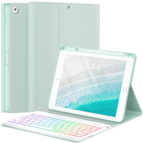 OYEEICE Funda para iPad de 6ª y 5ª generación con teclado de 9.7 pulgadas y Air de 2ª generación, teclado inalámbrico retroiluminado de 7 colores con soporte para lápiz para iPad 6ª/5ª Pro de 9.7