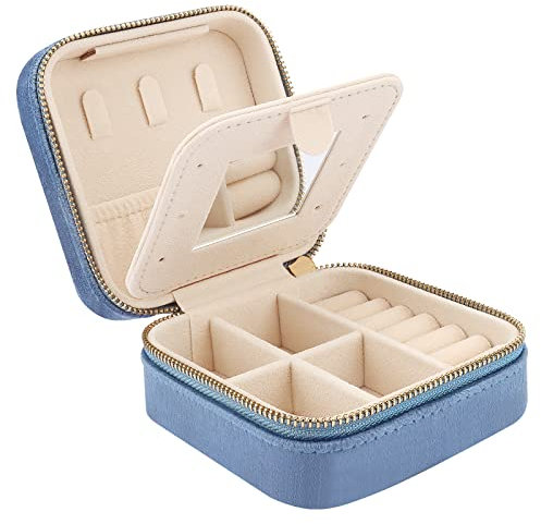 Mini Velvet Travel Jewelry Case with Mirror, Travel Jewellery Box Organiser, Small Jewelry Organiser Storage for Rings Earrings Necklace Bracelets, Blue
