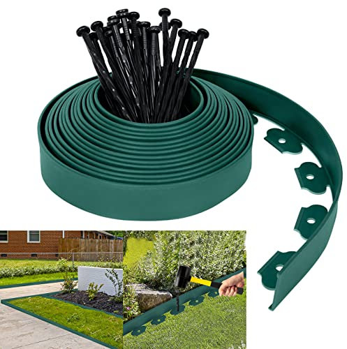 AufuN Flexible Rasenkante aus Kunststoff 20mx5cm mit 60 Erdanker zur Verankerung, Beetumrandung Wurzelsperre System, Pflastersteine Mähkante Garten dekorativ(20M, Grün)