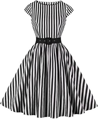 AXOE Women 50s Dresses Rockabilly Vintage Inpired Belted Cotton White Black Striped, UK Size 14, L
