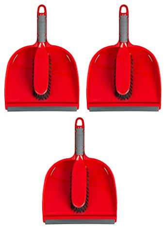 Set of 3- Dustpan and Brush with Soft Bristles Red Colour Heavy-Duty Plastic Cleaning Dustpan Set for Indoor, Outdoor Floor Cleaning- Made in UK