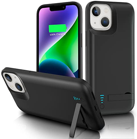 Gladgogo Akku Hülle für iPhone 14/13, [6000mAh] Zusatzakku Ladehülle Handyhülle, Battery Case Akkuhülle Mit klappbarem Ständer für Apple iPhone 14/13 (6,1 Zoll)