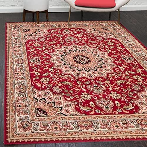 Mazovia Orientalisch Vintage Teppich - Kurzflor - Muster mit Medaillon - Traditioneller Teppich für Wohnzimmer, Esszimmer - ÖKO-TEX Wohnzimmerteppich - Rot 250 x 300 cm