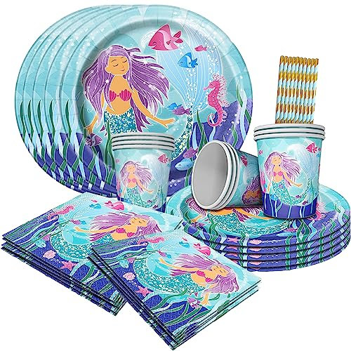 YOUYIKE Meerjungfrau Geschirrset 10 Gäste, 40 pcs Meerjungfrau Geburtstag Geschirr Set Abendessen Teller für Geburtstagsfeier,Hochzeit, Picknick,Schulfeiern, Poolpartys,und mehr