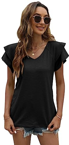 QKEPCY T Shirt Donna Estive Sbuffo Maniche Corte con Scollo a V e Balze Manica Corta Magliette Donna Elegante Rilassato Bluse e Camicie da Donna