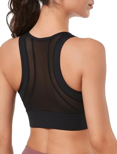 Yvette Damen Sport BH mit Vorderverschluss Mesh Ringerrücken volle Abdeckung Lauf Fitness Reiten Bra, Schwarz, M