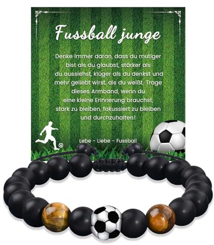 YELUWA Fussball Geschenke Jungen, Fußball Geschenke, Fussball Armband Geschenk für Sohn Teenager Enkel Neffe Bruder Abschluss 5 6 7 8 9 10 11 12 Jahre Geburtstag für Jungen Naturstein Armband Gelb