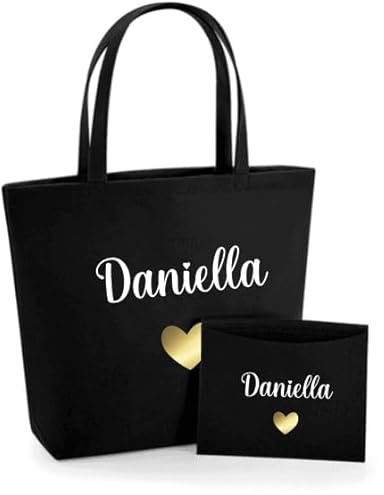 AWASG Filztasche Damen-Tasche mit kleinem Etui - Bedruckt und Personalisiert mit Herz Name - Shopper Geschenk für Sie