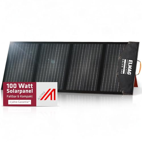 ELMAG Faltbares Solarpanel SOLAR 100 – Monokristallines 100W Solarmodul für tragbare Powerstations – 18V DC Solarpanel mit integrierten Stützfüßen – Ideal für Outdoor, Camping & Wohnmobil