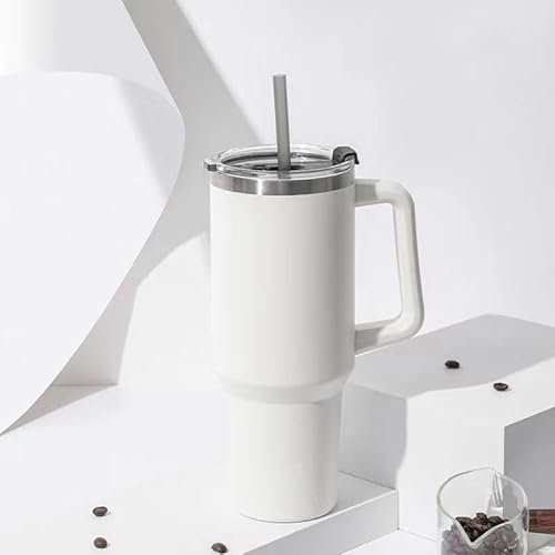 DYBHSD Auto Thermobecher für Citroen C-Elysee 2016-2023, Auto-Kaffeetasse Kaffeebecher to Go Vakuum Isolierbecher mit Griff und Stroh Doppelwandiger Edelstahl Autoteile,White-1300ml