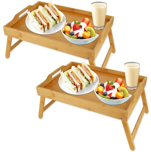 DAJAVE 2 Pack Bamboo Bed Tray Table with Folding Legs Breakfast Tray Table with Handle Multipurpose Bed Lap Trays for Sofa, Eating, Working, Used As Desk Snack Trays (41.5x30x20.5cm)