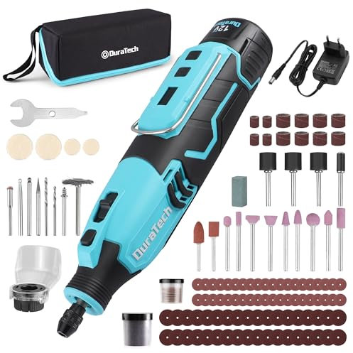 DURATECH 12V Kabellos Drehwerkzeug Set, Multifunktionswerkzeug mit 118 Zubehörteilen, mit 7 einstellbaren Geschwindigkeiten, Aufbewahrungstasche, zum Schneiden, Schleifen, Blau