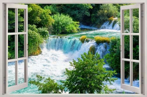 HUBDECO - Wandtattoo - Wanddeko - Selbstklebende Folie - Wandsticker - Fototapete 3d Effekt - Selbstklebende Tapete - Fenster & Natur Motiv - Wasserfall Wald - 150x100cm
