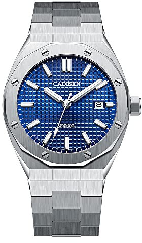 TYBERLEY Cadisen Mechanische Herren-Armbanduhr NH35, selbstaufziehendes Uhrwerk, Edelstahl, wasserdicht, Business-Herren-Luxus-Sport-Armbanduhren, Blau-kariert