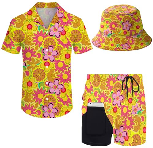 GIRPOL 2-teiliges Hawaii-Hemd und Shorts mit Hut, 70er-Jahre-Blume, XXX-Large