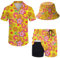 GIRPOL 2-teiliges Hawaii-Hemd und Shorts mit Hut, 70er-Jahre-Blume, XXX-Large