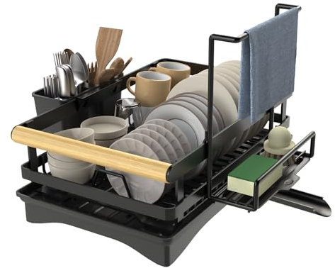 Yawinhe Abtropfgestell Geschirr, Geschirrabtropfgestell mit 270° Drehbarem Auslauf und Abtropfmatte, Abtropfständer für Küchenspüle, Schwarz